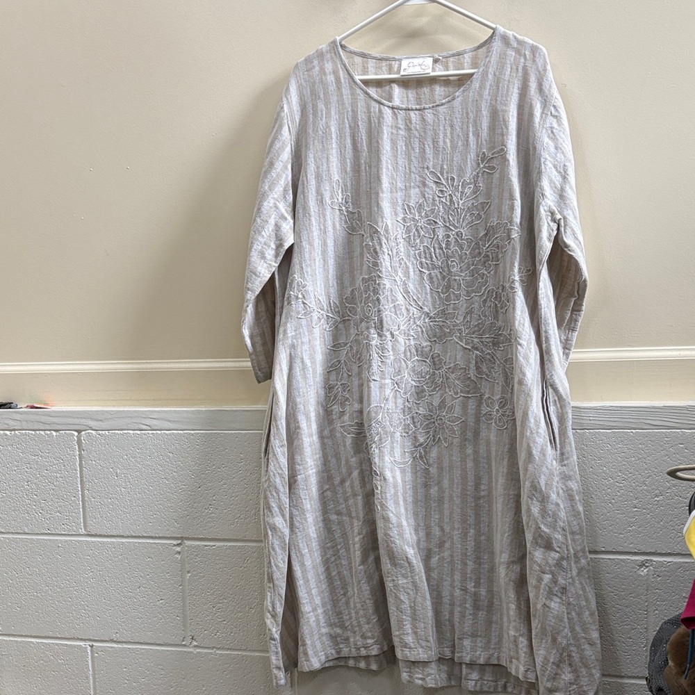 Paper Lace OS Light Beige linen Striped Embroidered Tunic Dress